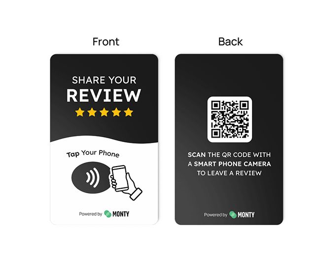 Front and back of the Monty NFC review card: tap your phone, or scan the QR code